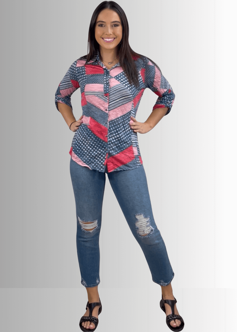 David Cline Patriotic Red, White & Blue Snap Down Crushed Texture Collared Shirt | Made in USA | Classy Cozy Cool Women's Made in America Boutique