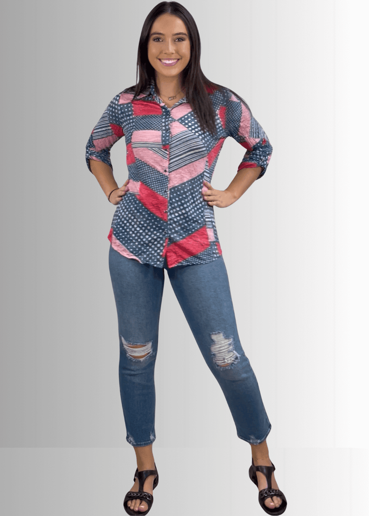 David Cline Patriotic Red, White & Blue Snap Down Crushed Texture Collared Shirt | Made in USA | Classy Cozy Cool Women's Made in America Boutique