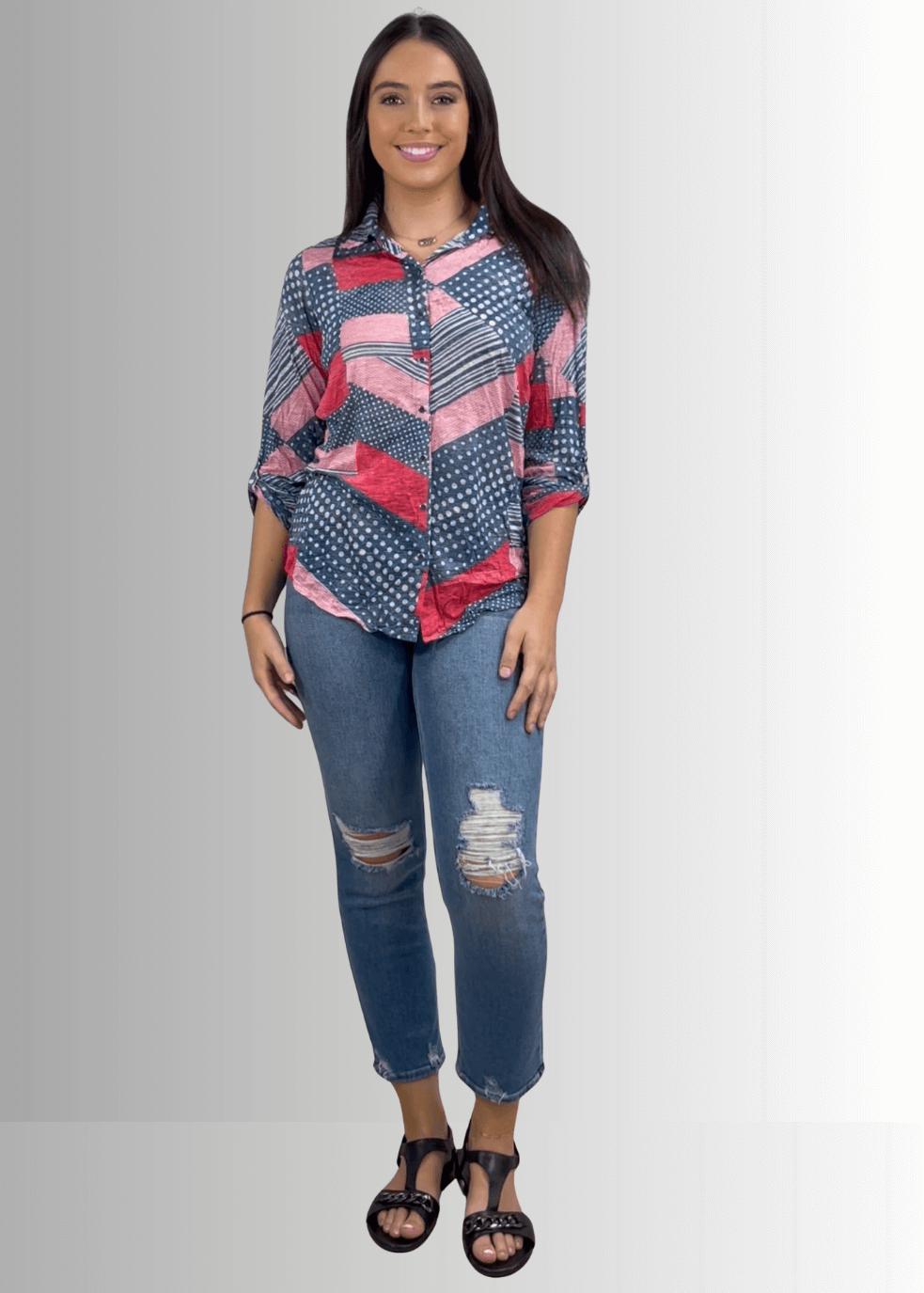 David Cline Patriotic Red, White & Blue Snap Down Crushed Texture Collared Shirt | Made in USA | Classy Cozy Cool Women's Made in America Boutique