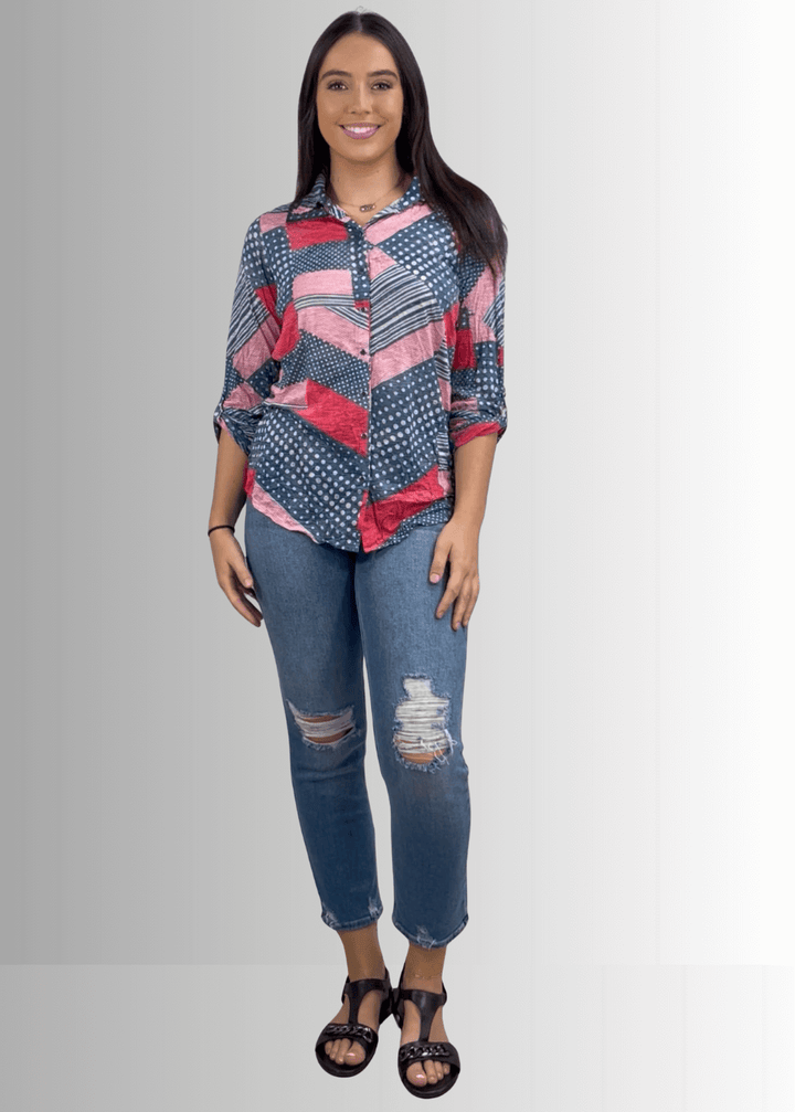 David Cline Patriotic Red, White & Blue Snap Down Crushed Texture Collared Shirt | Made in USA | Classy Cozy Cool Women's Made in America Boutique