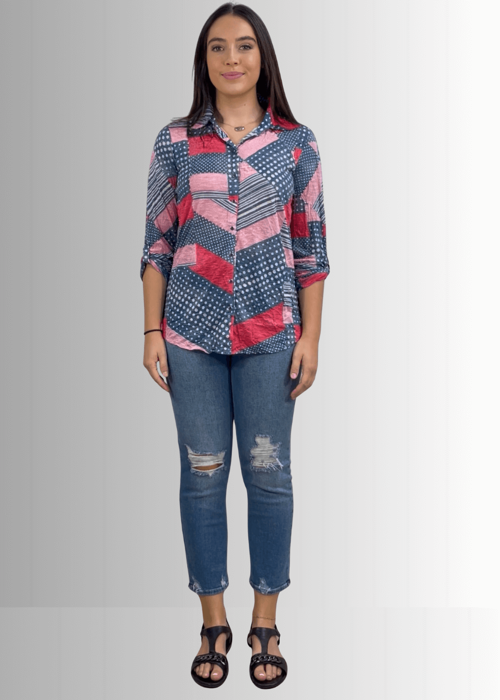 David Cline Patriotic Red, White & Blue Snap Down Crushed Texture Collared Shirt | Made in USA | Classy Cozy Cool Women's Made in America Boutique