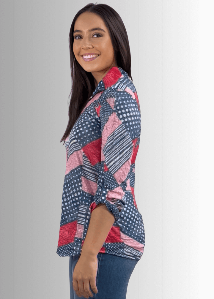 David Cline Patriotic Red, White & Blue Snap Down Crushed Texture Collared Shirt | Made in USA | Classy Cozy Cool Women's Made in America Boutique
