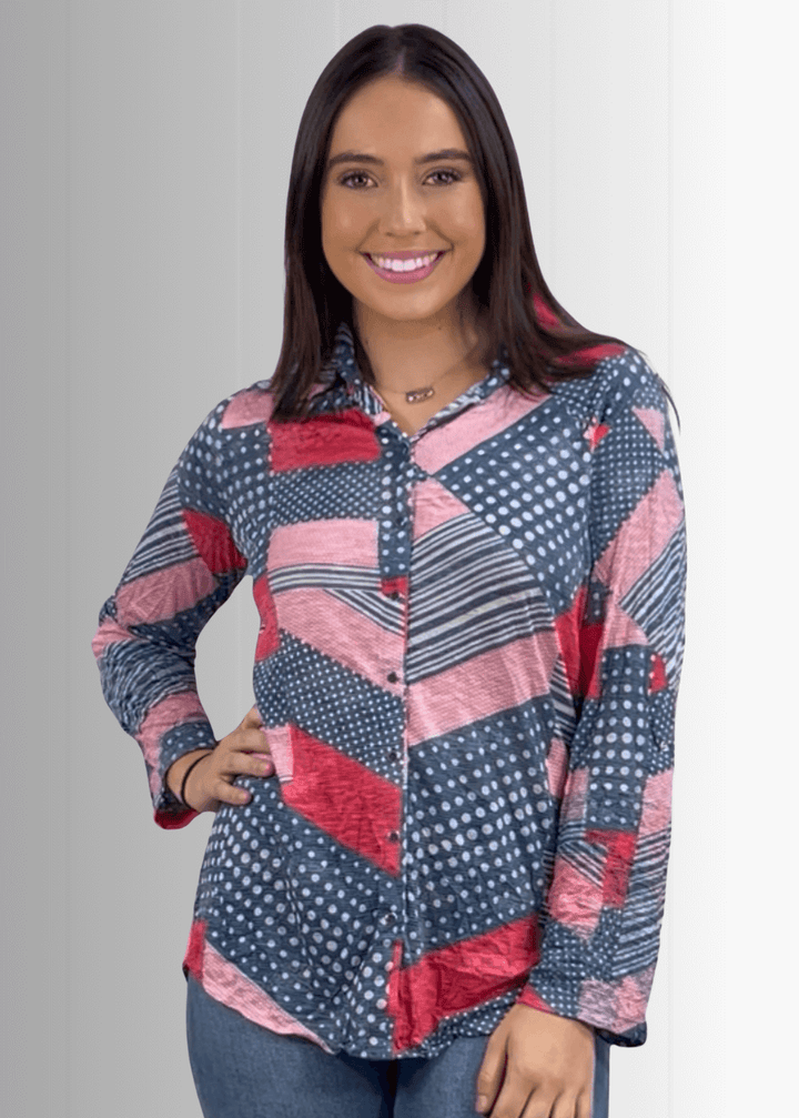 David Cline Patriotic Red, White & Blue Snap Down Crushed Texture Collared Shirt | Made in USA | Classy Cozy Cool Women's Made in America Boutique
