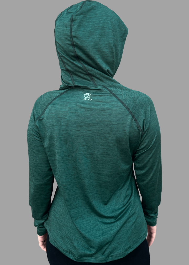 Discover premium female athleisure hoodies, 100% made in the USA. Stylish, durable, and perfect for your active lifestyle. Crafted for active women, this female sun hoodie in Scarab Green is more than just stylish—it's made to perform. 