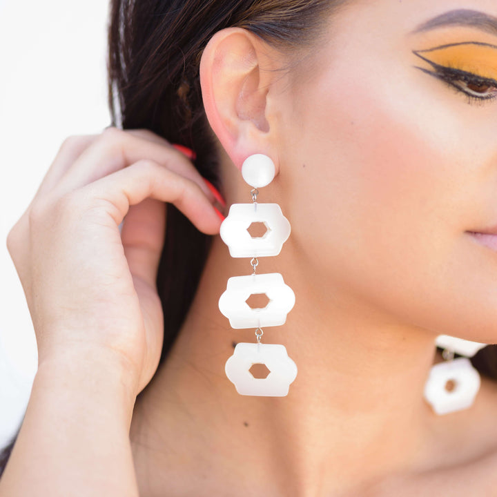 Cascading white moonglow lattice earrings, 3.5" long &amp; featherlight. Vintage 1960s Lucite, surgical steel posts. Handcrafted in the USA. Leetie Lovendale