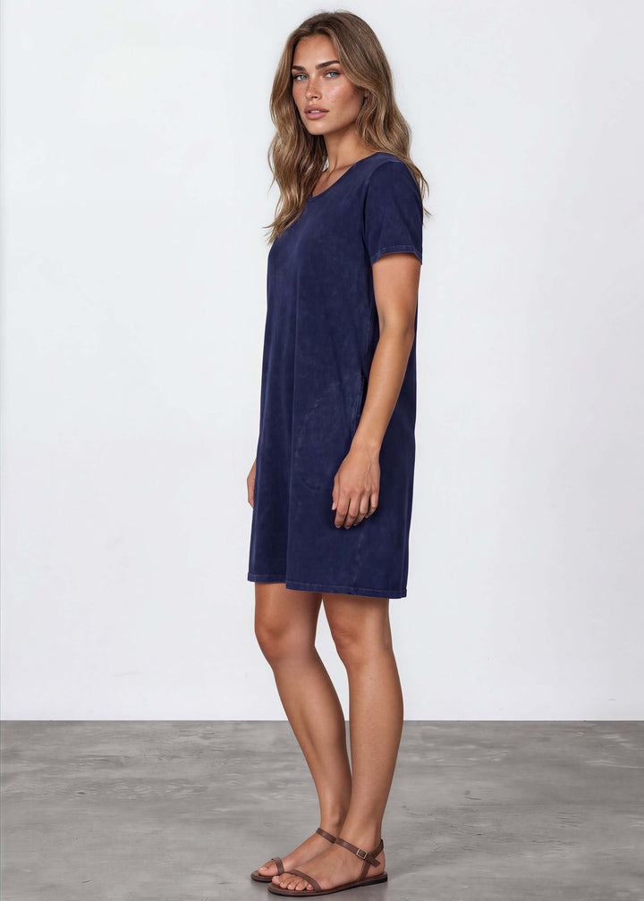 USA Made Ladies Mineral Washed Casual Cotton Short Sleeve Above Knee Length Dress with Pockets | Style