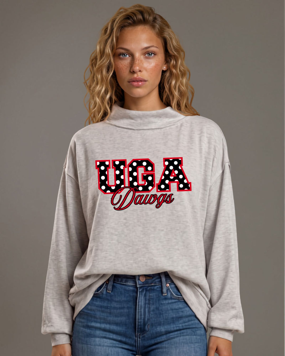 UGA Dawgs polka dot graphic gameday mock neck sweatshirt in heather grey. Oversized, super soft, made in USA. Perfect gameday top. Sizes S–L.