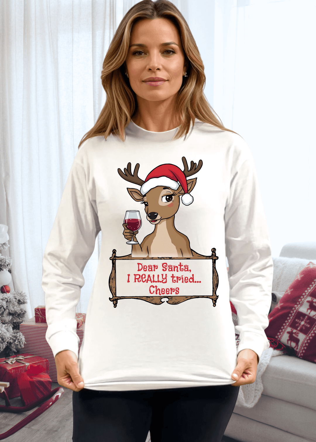 Embrace the holiday spirit with a wink and a smile in this playful "Santa, I Really Tried" reindeer graphic tee. Featuring an adorable reindeer clutching a wine glass