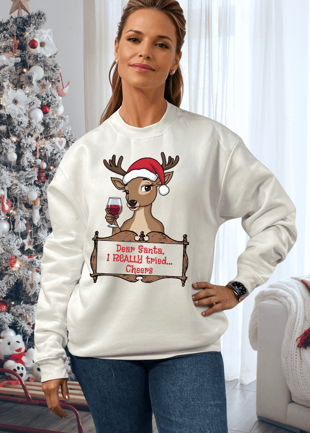 Embrace the holiday spirit with a wink and a smile in this playful "Santa, I Really Tried" reindeer graphic sweatshirt. Featuring an adorable reindeer clutching a wine glass