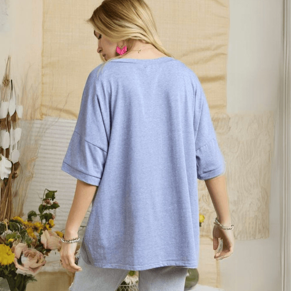 Made in USA Women's Color Block Oversized T-Shirt, Round Neck, Loose Fit Soft and Comfortable Everyday Tee in Chambray Blue and White | Classy Cozy Cool Made in America Boutique