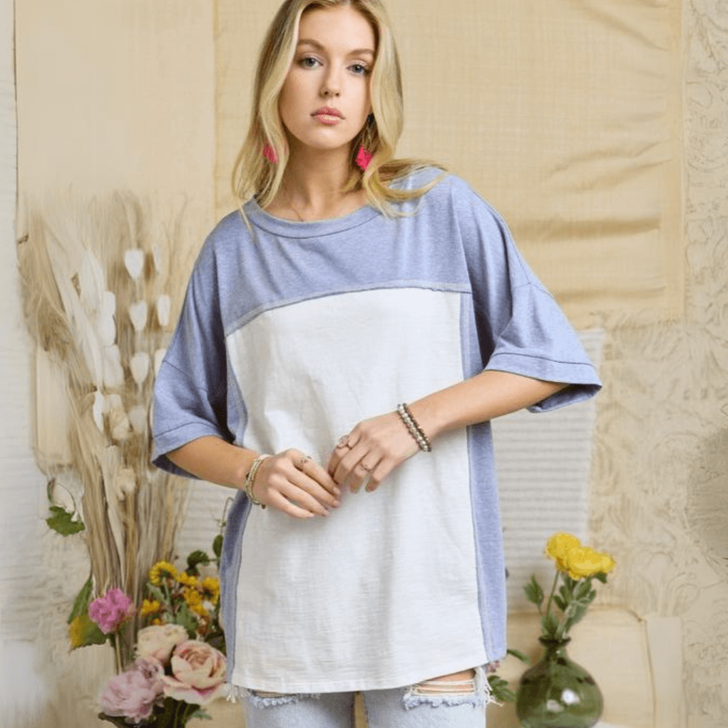 Made in USA Women's Color Block Oversized T-Shirt, Round Neck, Loose Fit Soft and Comfortable Everyday Tee in Chambray Blue and White | Classy Cozy Cool Made in America Boutique