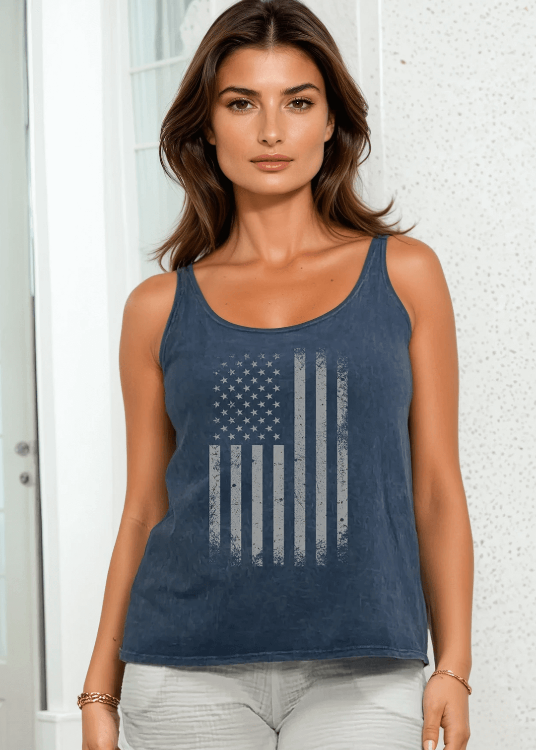 Made in USA Distressed American Flag Graphic Twenty Four Seven Tank Top | Women's Sustainable and durable premium America-made cotton tank top, in Mineral Washed Vintage Black, Wide Round Neck, Loose Fit, Perfect for Layering | Classy Cozy Cool Style C11315