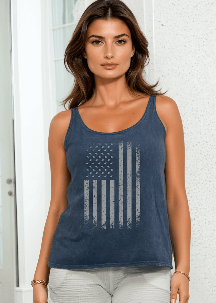 Made in USA Distressed American Flag Graphic Twenty Four Seven Tank Top | Women's Sustainable and durable premium America-made cotton tank top, in Mineral Washed Vintage Black, Wide Round Neck, Loose Fit, Perfect for Layering | Classy Cozy Cool Style C11315