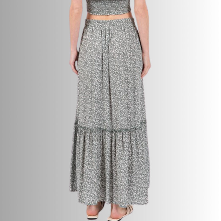 Made in USA Women's Sage Green Rayon Gauze Ditsy Floral Maxi Skirt | Classy Cozy Cool Made in America Boutique