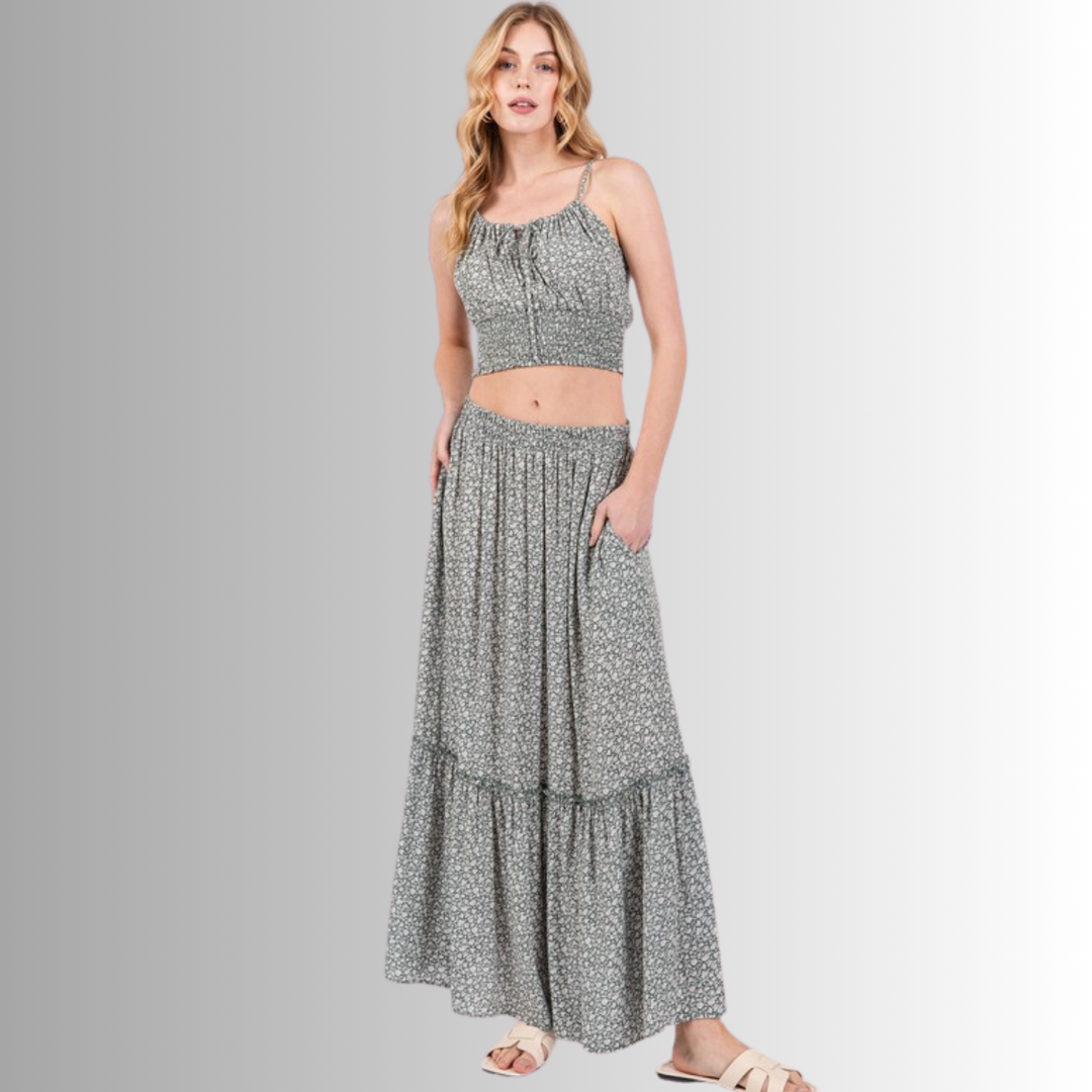 Made in USA Women's Sage Green Rayon Gauze Ditsy Floral Maxi Skirt | Classy Cozy Cool Made in America Boutique