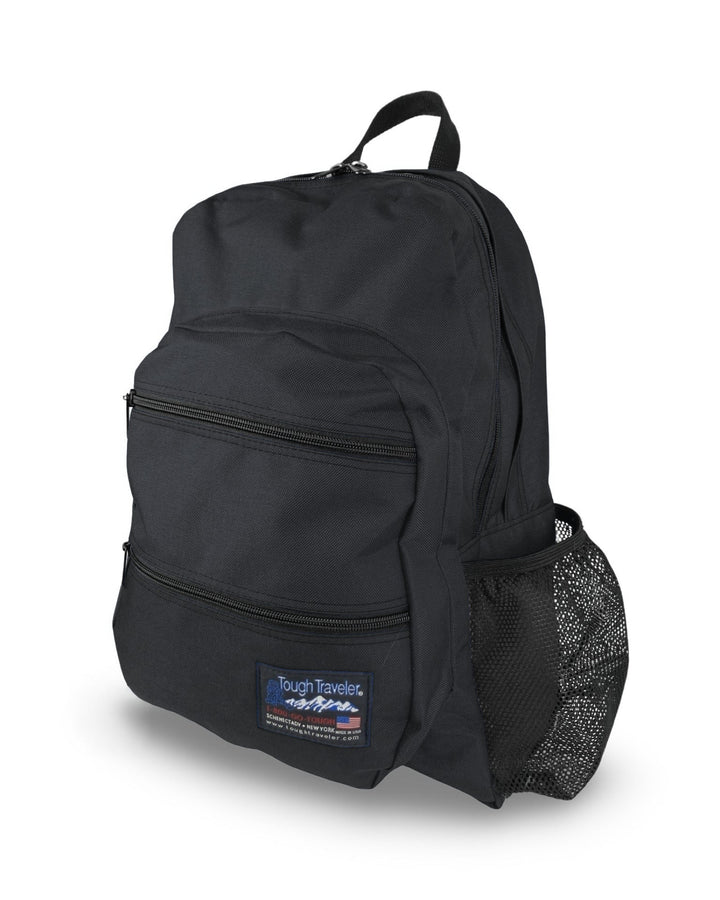 Made in USA, black large backpack with two zippered front pockets and mesh side bottle pocket