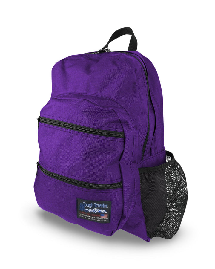 Made in USA, purple large backpack with two zippered front pockets and mesh side bottle pocket