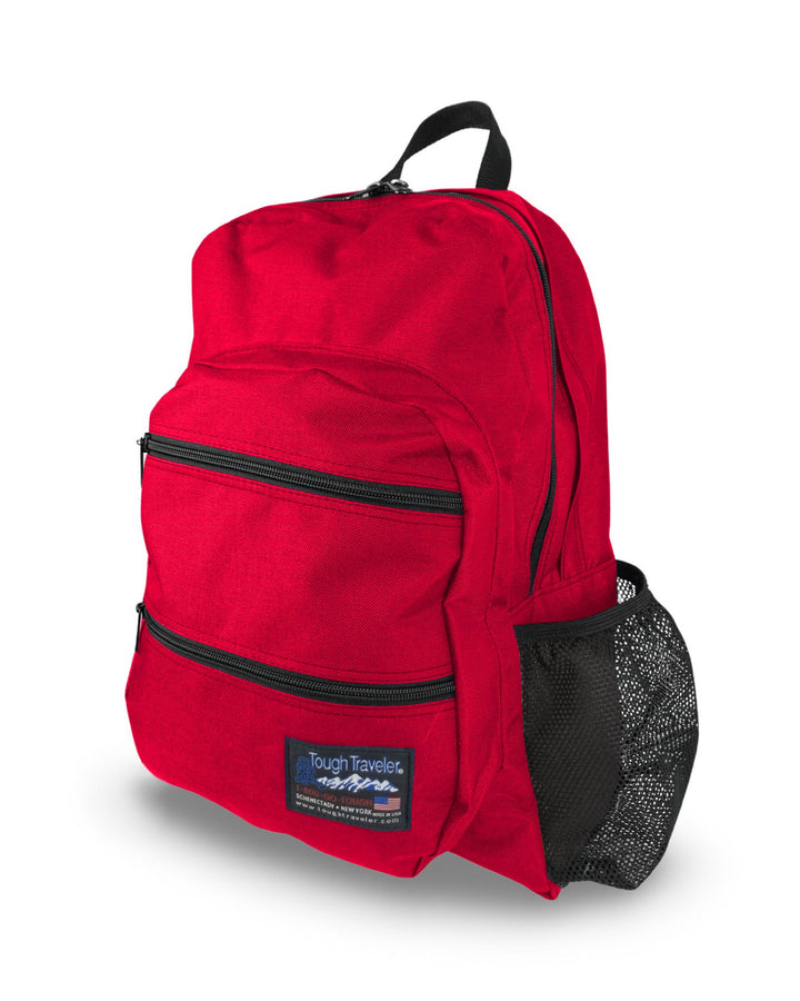 Made in USA, red large backpack with two zippered front pockets and black mesh bottle pocket