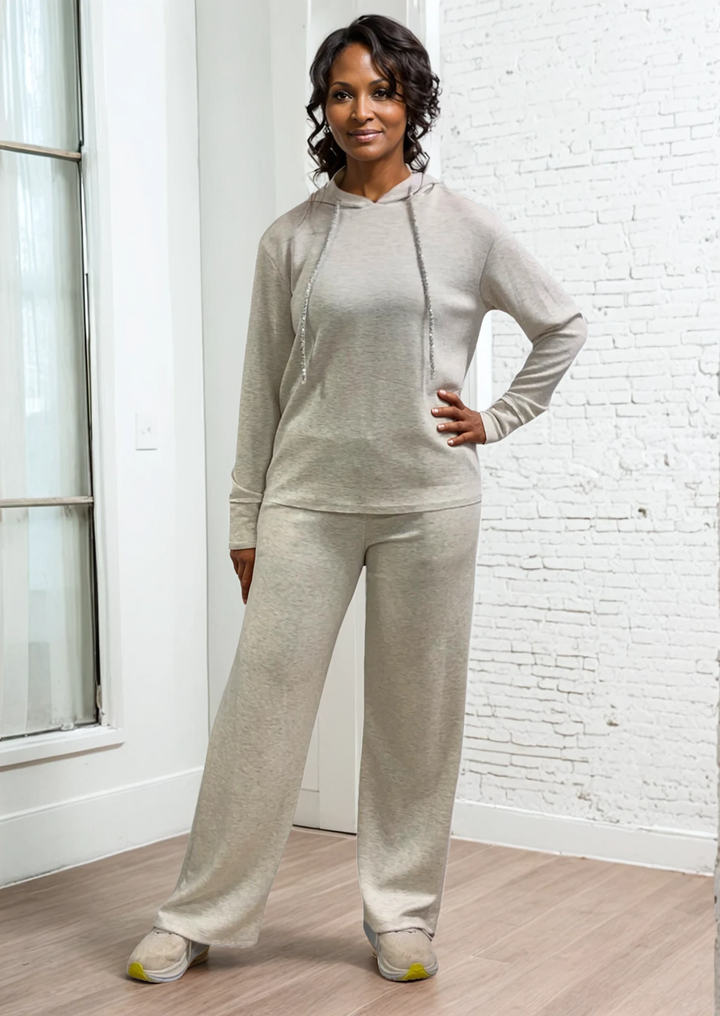Made in USA Super Soft Relaxed Fit Matching Zip Hoodie and Pant, Material Compares to LuLulemon Scuba Line Wrinkle Resistant Medium Weight Material Feels Ultra Lightweight and Soft Side Pockets in Heather Oatmeal