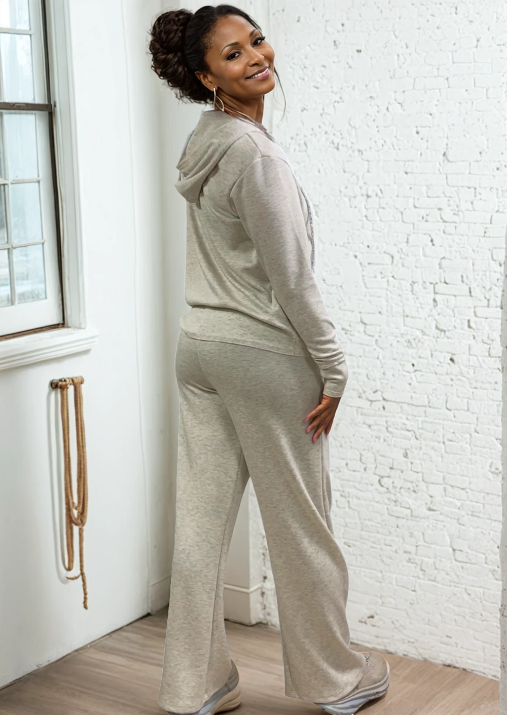 Made in USA Super Soft Relaxed Fit Matching Zip Hoodie and Pant, Material Compares to LuLulemon Scuba Line Wrinkle Resistant Medium Weight Material Feels Ultra Lightweight and Soft Side Pockets in Heather Oatmeal