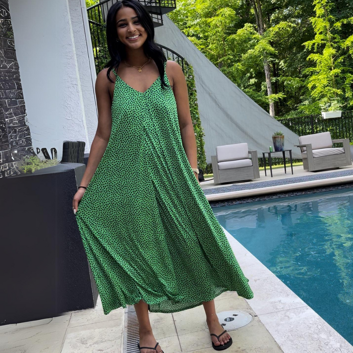 Made in USA Women's Jersey Stretch Double V-Neck 2-Tone Printed Summer Maxi Dress in Green/Navy | Classy Cozy Cool Made in America Boutique