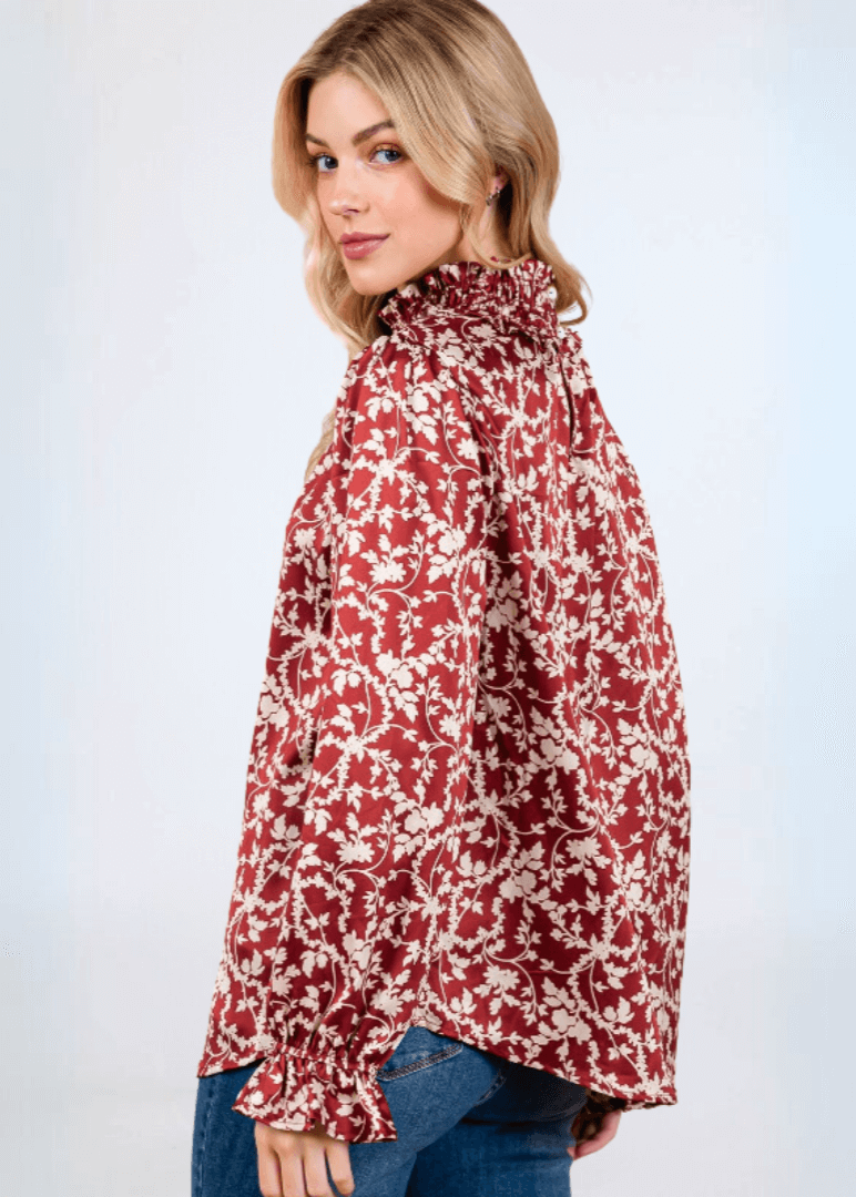 Made in USA Women's Rust Color Satin Floral Ruffled Relaxed Fit Smocked Mock Neck Dressy Top with Elastic Ruffled Cuffs | Classy Cozy Cool Made in America Boutique