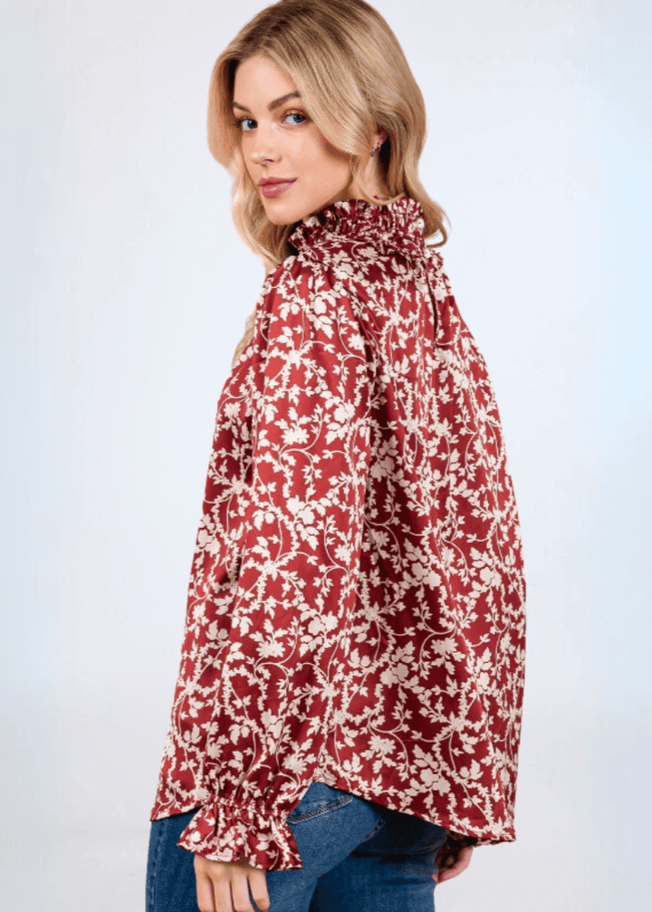 Made in USA Women's Rust Color Satin Floral Ruffled Relaxed Fit Smocked Mock Neck Dressy Top with Elastic Ruffled Cuffs | Classy Cozy Cool Made in America Boutique