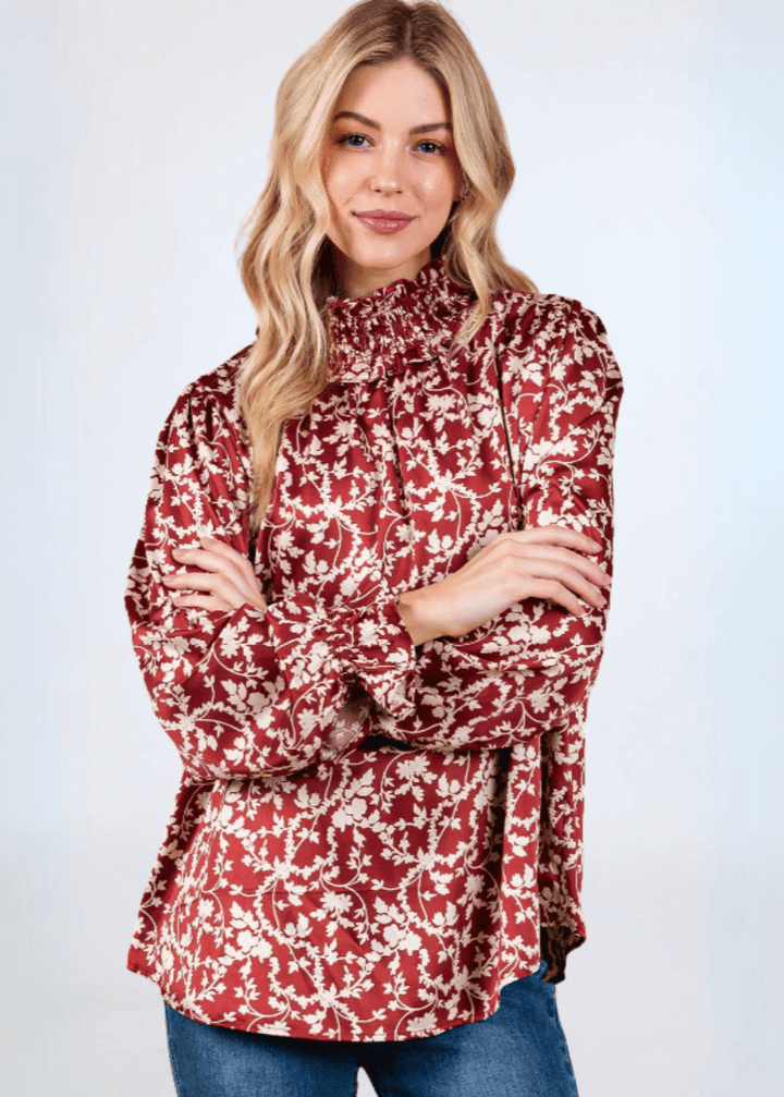 Made in USA Women's Rust Color Satin Floral Ruffled Relaxed Fit Smocked Mock Neck Dressy Top with Elastic Ruffled Cuffs | Classy Cozy Cool Made in America Boutique