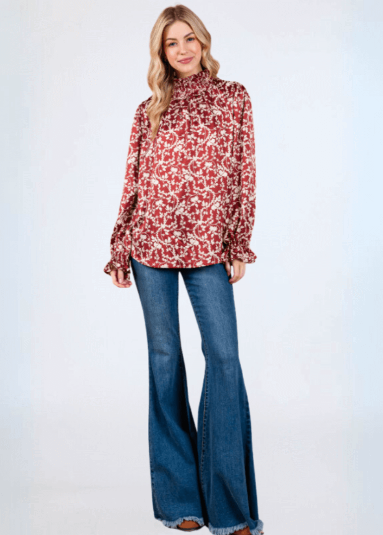 Made in USA Women's Rust Color Satin Floral Ruffled Relaxed Fit Smocked Mock Neck Dressy Top with Elastic Ruffled Cuffs | Classy Cozy Cool Made in America Boutique