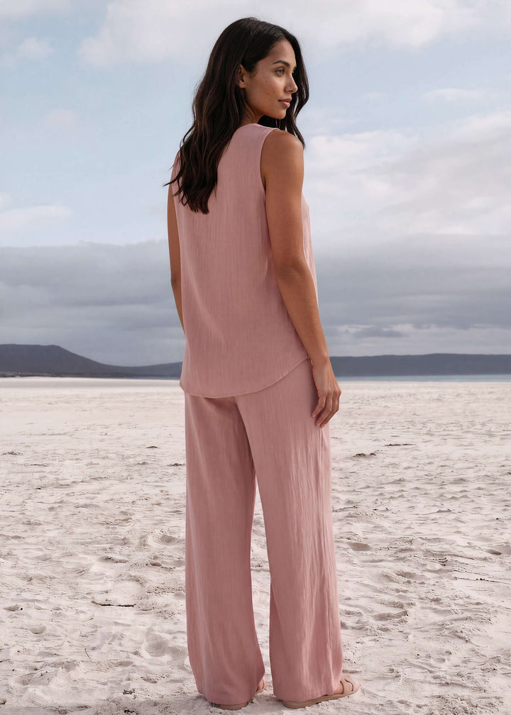 Shop the Paige Palazzo Set in dusty rose. Sleeveless top &amp; wide-leg pants in a soft linen-rayon blend. S–XL. Hand wash. Made in USA. Free shipping may apply.