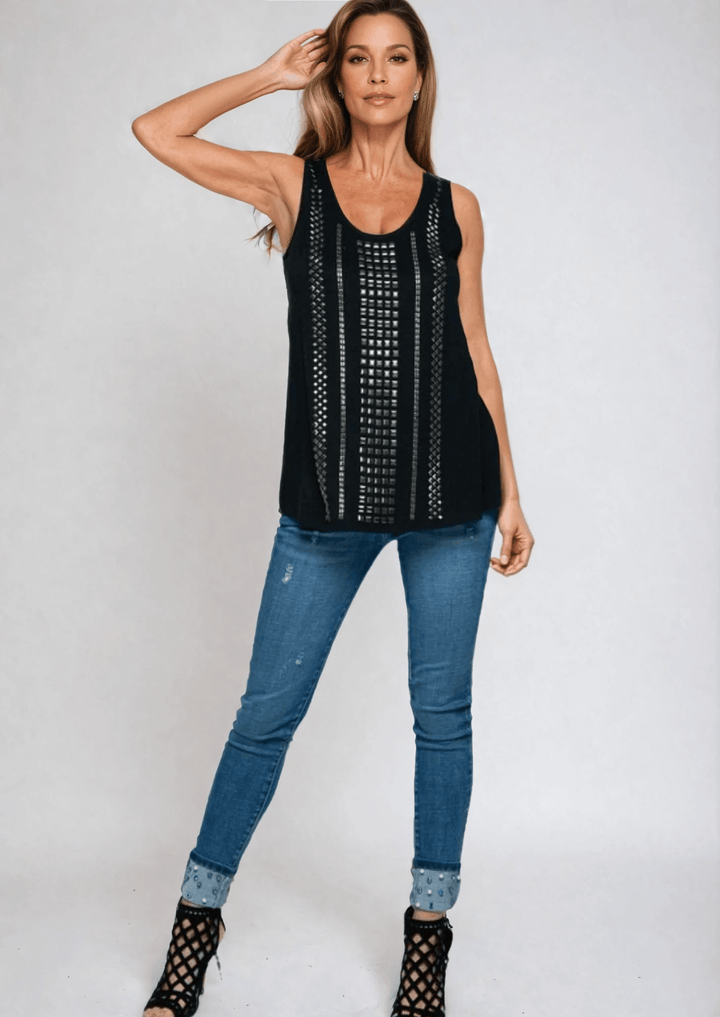 Made in USA Women's Studded Cotton Tank Top, Round Scoop Neck, Perfect for Layering Available in Heather Gray and Black, Lightweight, Studded Detail