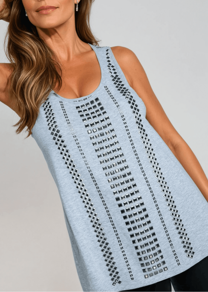 Made in USA Women's Studded Cotton Tank Top, Round Scoop Neck, Perfect for Layering Available in Heather Gray and Black, Lightweight, Studded Detail