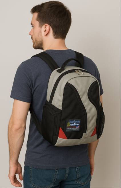Made in USA, grey and black laptop backpack with red accents worn on a man&