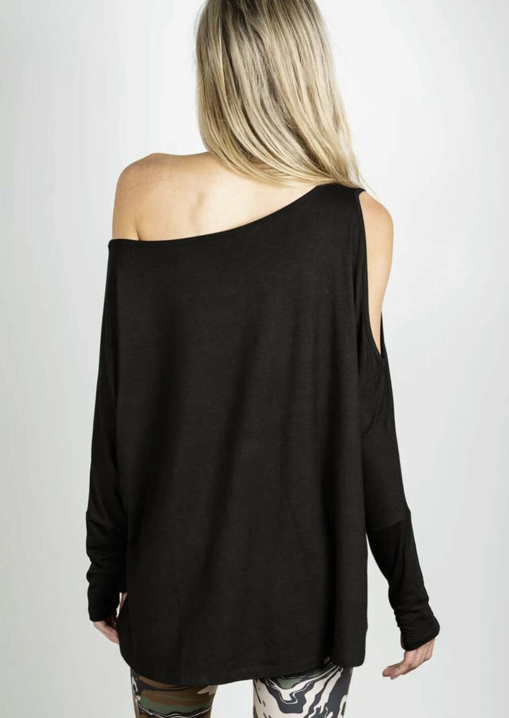 Jala Women's Duo Pullover with Cold Shoulder on one side and Off the Shoulder on the Other in Black | Style# DUO28-B | Made in USA | Classy Cozy Cool Women's Made in America Clothing Boutique