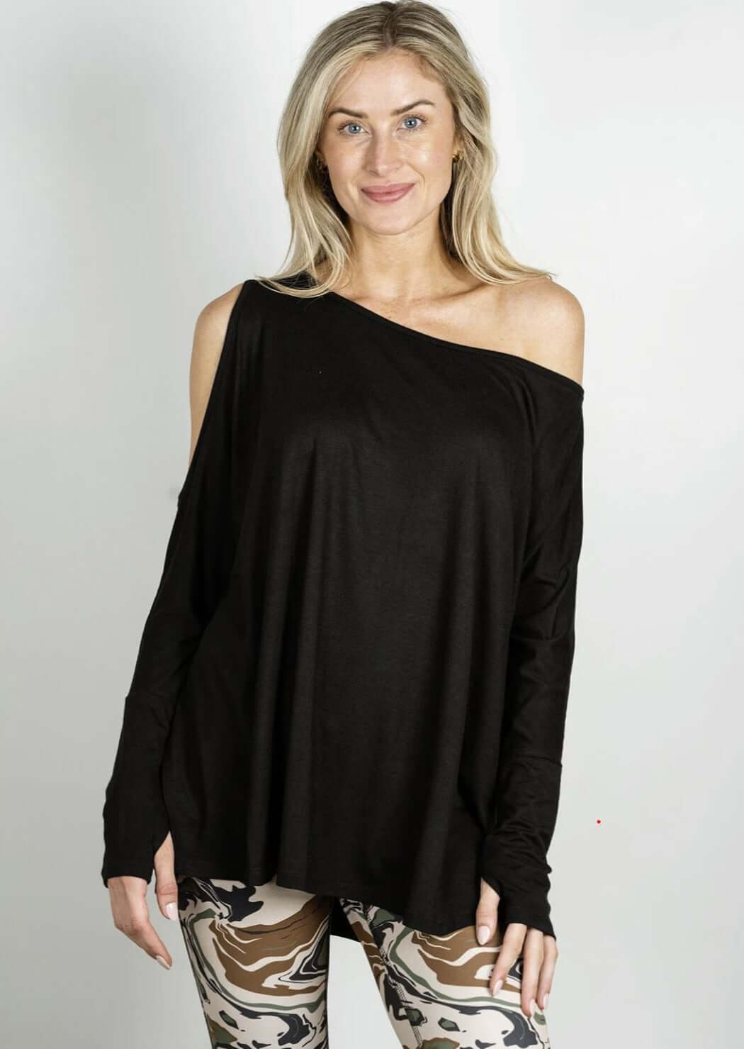 Jala Women's Duo Pullover with Cold Shoulder on one side and Off the Shoulder on the Other in Black | Style# DUO28-B | Made in USA | Classy Cozy Cool Women's Made in America Clothing Boutique