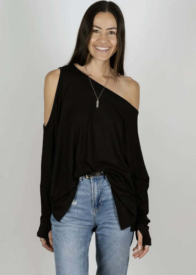 Jala Women's Duo Pullover with Cold Shoulder on one side and Off the Shoulder on the Other in Black | Style# DUO28-B | Made in USA | Classy Cozy Cool Women's Made in America Clothing Boutique