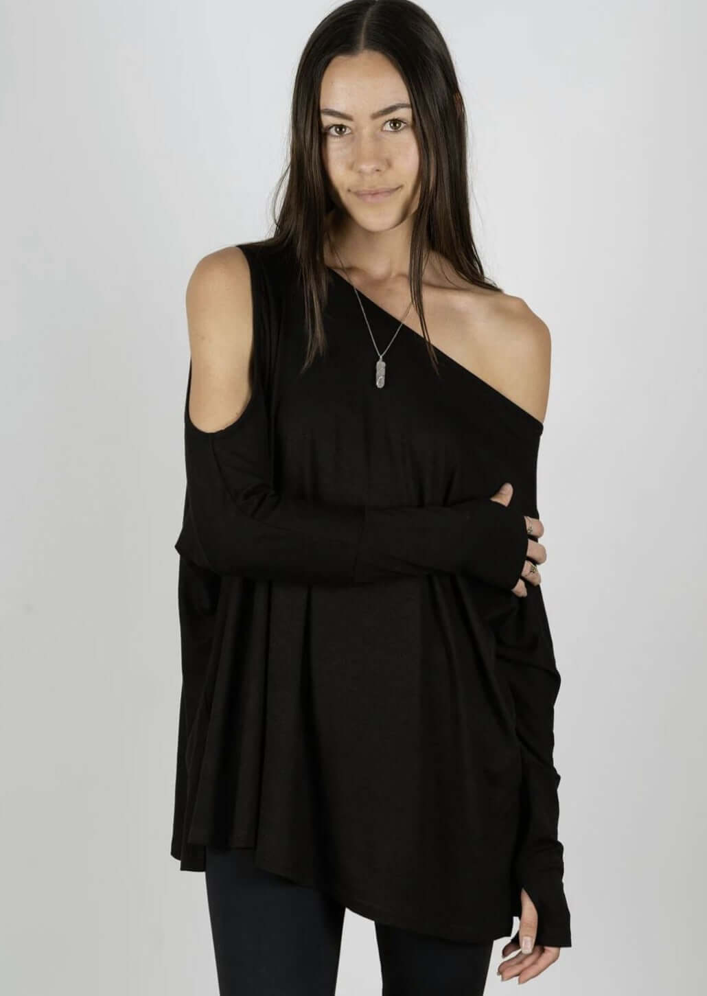 Jala Women's Duo Pullover with Cold Shoulder on one side and Off the Shoulder on the Other in Black | Style# DUO28-B | Made in USA | Classy Cozy Cool Women's Made in America Clothing Boutique