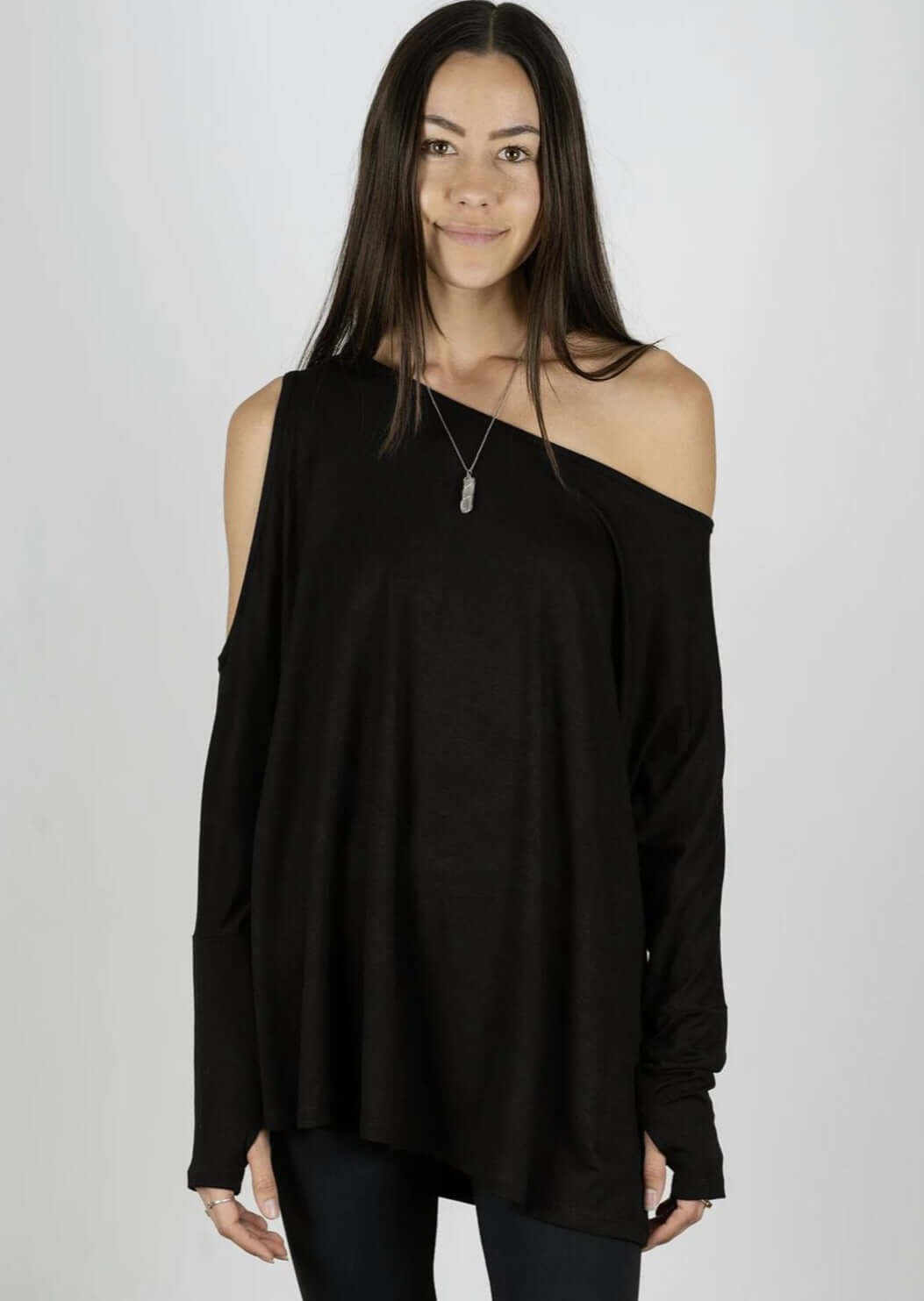 Jala Women's Duo Pullover with Cold Shoulder on one side and Off the Shoulder on the Other in Black | Style# DUO28-B | Made in USA | Classy Cozy Cool Women's Made in America Clothing Boutique