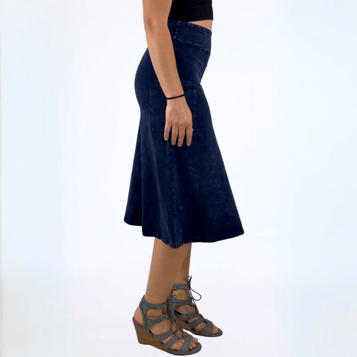 Made in USA Women's All Season Versatile Mineral Washed Cotton Stretch Midi Skirt, Side Patch Pockets, High Waist, Comfortable & Soft 4 Way stretch in Dark Denim | Only Sold at Classy Cozy Cool Made in America Boutique