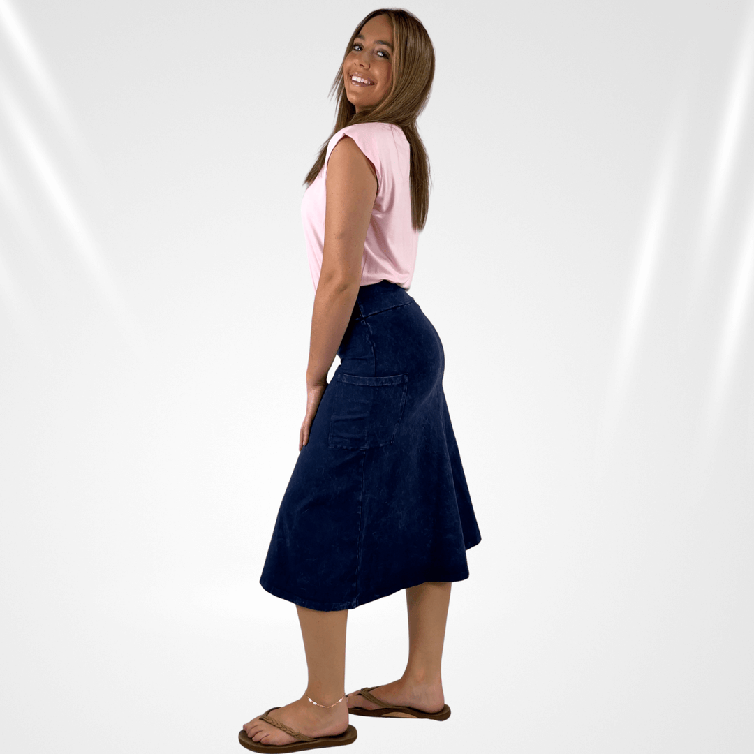 Made in USA Women's All Season Versatile Mineral Washed Cotton Stretch Midi Skirt, Side Patch Pockets, High Waist, Comfortable & Soft 4 Way stretch in Dark Denim | Only Sold at Classy Cozy Cool Made in America Boutique