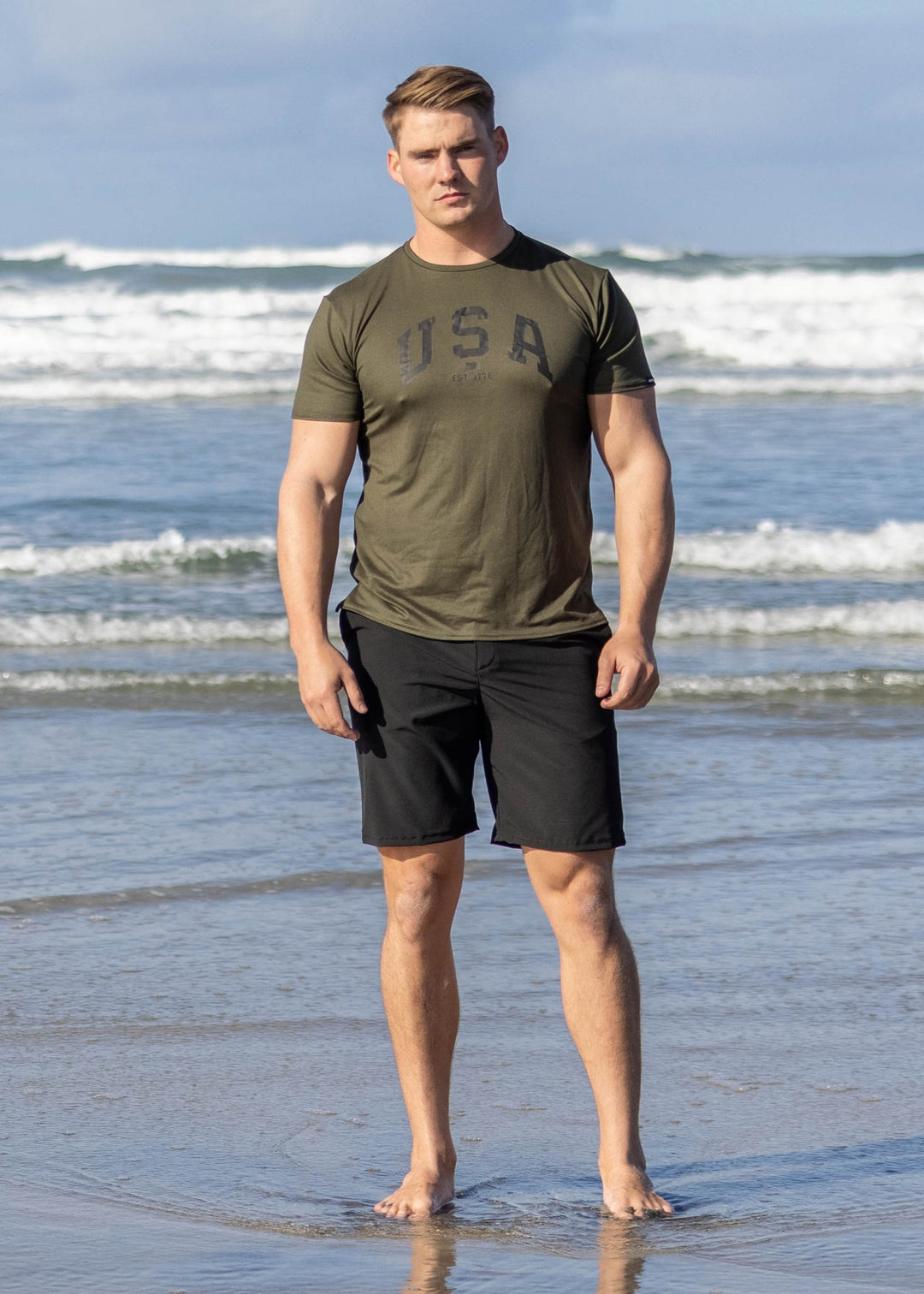 WSI Sportswear Men's Essential Short in Black Made in USA, Belt Loops, Zippered fly with button, Back welt pocket, Side pockets, 9" Inseam, Lightweight fabric 