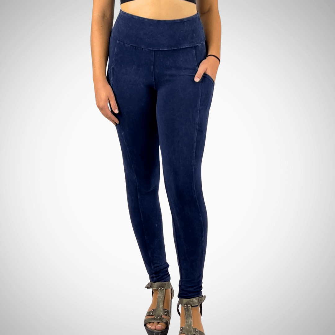 Made in USA Women's Tummy Control Wide Waistband Cotton Spandex Mineral Washed Leggings with Large Side Pockets in Dark Blue Denim | Classy Cozy Cool Made in America Boutique