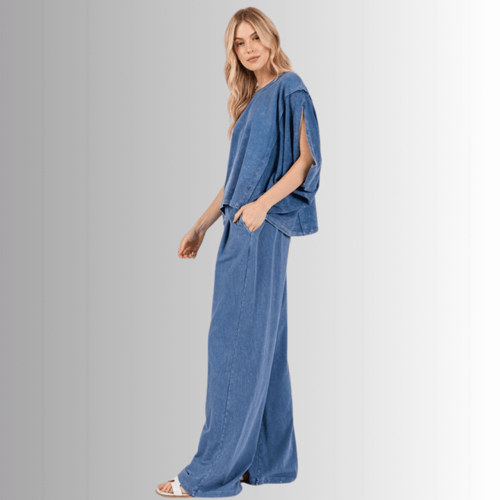 Made in USA Cotton/Spandex Women's Denim Blue Garment Dyed Soft Cotton Loungewear Set,  Oversized Batwing Top with French Terry Soft and Stretchy Baggy Fit Boot Cut Flare Hem Pants Loungewear or Streetwear 