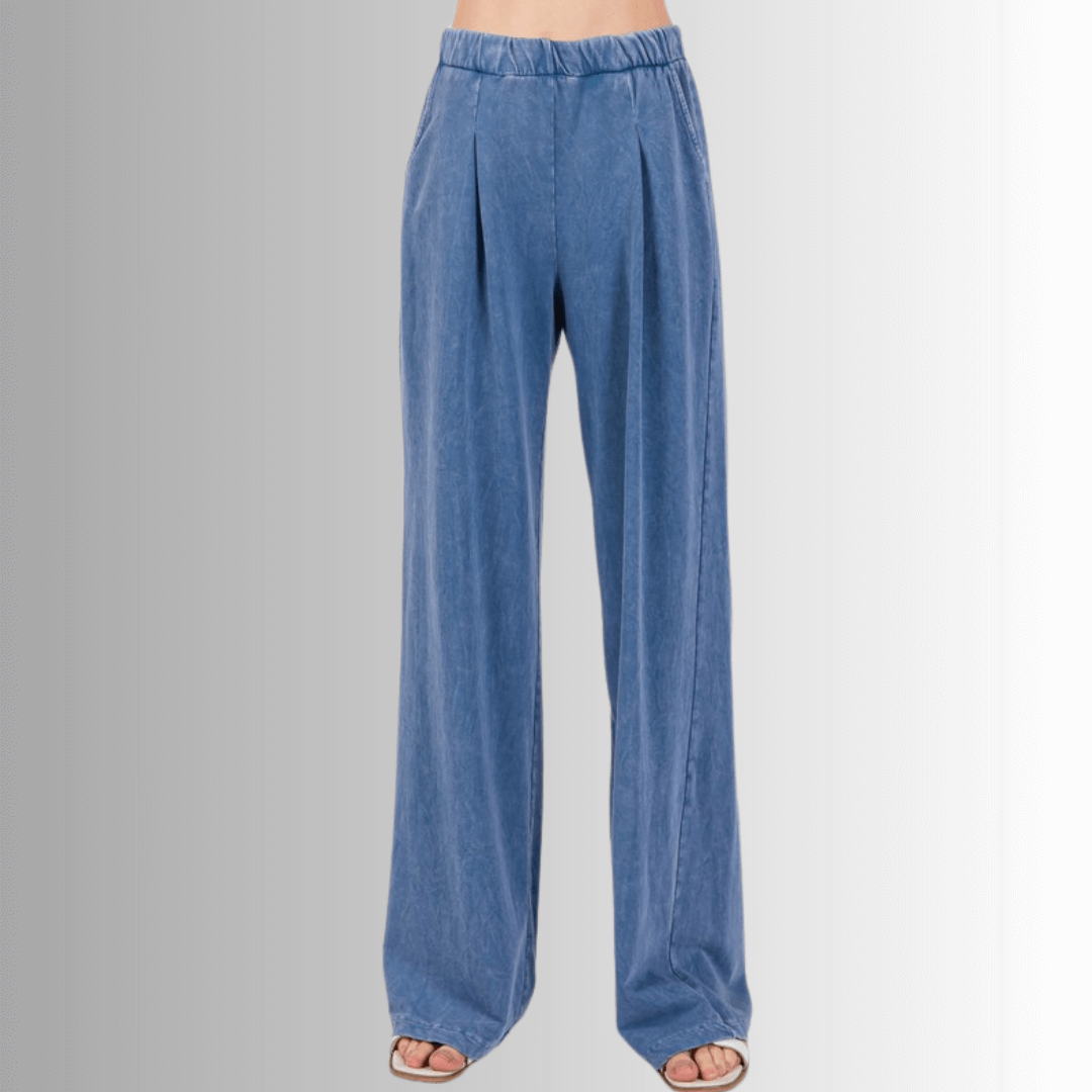 Made in USA Cotton/Spandex Women's Denim Blue Garment Dyed Soft Cotton Loungewear Set,  Oversized Batwing Top with French Terry Soft and Stretchy Baggy Fit Boot Cut Flare Hem Pants Loungewear or Streetwear 