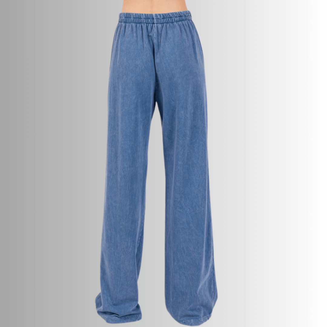 Made in USA Cotton/Spandex Women's Denim Blue Garment Dyed Soft Cotton Loungewear Set,  Oversized Batwing Top with French Terry Soft and Stretchy Baggy Fit Boot Cut Flare Hem Pants Loungewear or Streetwear 