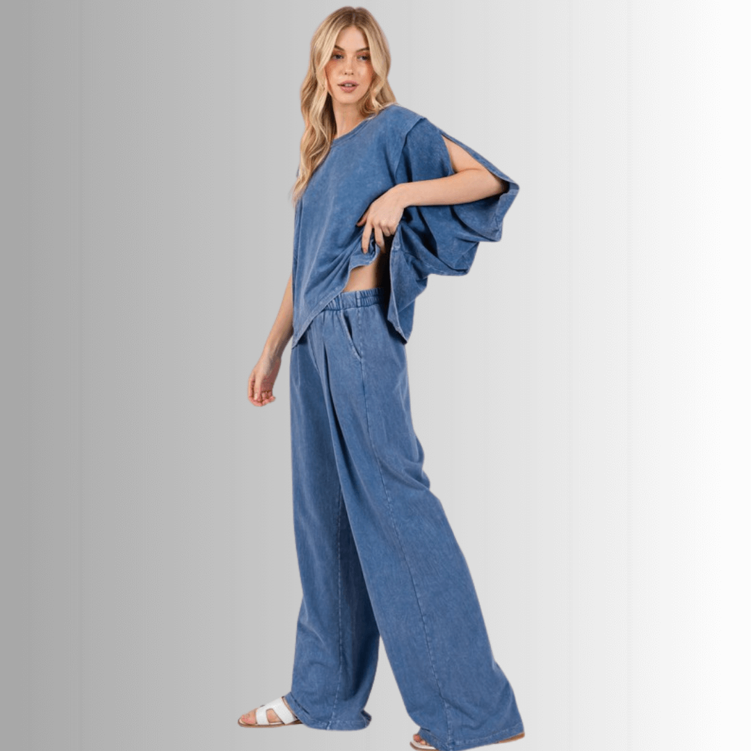 Made in USA Cotton/Spandex Women's Denim Blue Garment Dyed Soft Cotton Loungewear Set,  Oversized Batwing Top with French Terry Soft and Stretchy Baggy Fit Boot Cut Flare Hem Pants Loungewear or Streetwear 