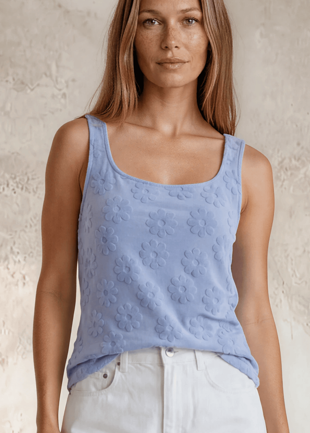 Made in USA Women's Soft Textured Daisy Embossed Detail Tank Top With Square Round Neckline in Light Blue | Classy Cozy Cool Made in America Boutique