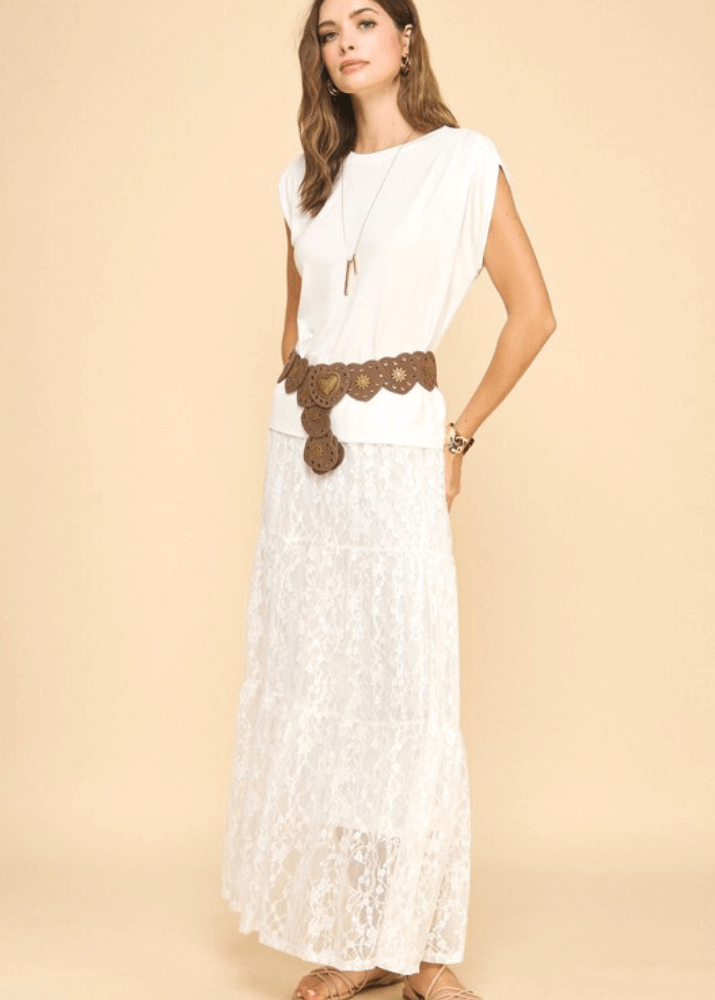 Made in USA Women's Emily Lace Maxi Skirt in Off White with Elastic Waist, Midi Length Liner | If She Loves Style ISK1099