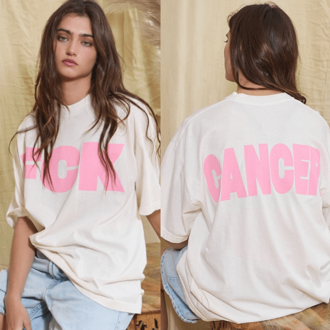 Made in USA Women's Oversized "FCK CANCER" Graphic Tee, Crew Neck, Short Sleeves, White with Pink Lettering, Longer Length, 100% Cotton | Bucket List Fashion Style T2284F