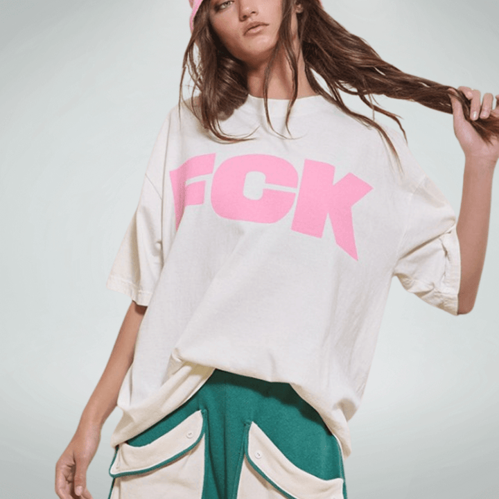 Made in USA Women's Oversized "FCK CANCER" Graphic Tee, Crew Neck, Short Sleeves, White with Pink Lettering, Longer Length, 100% Cotton | Bucket List Fashion Style T2284F